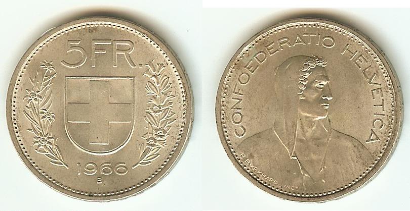 Swiss 5 Francs 1966B Unc